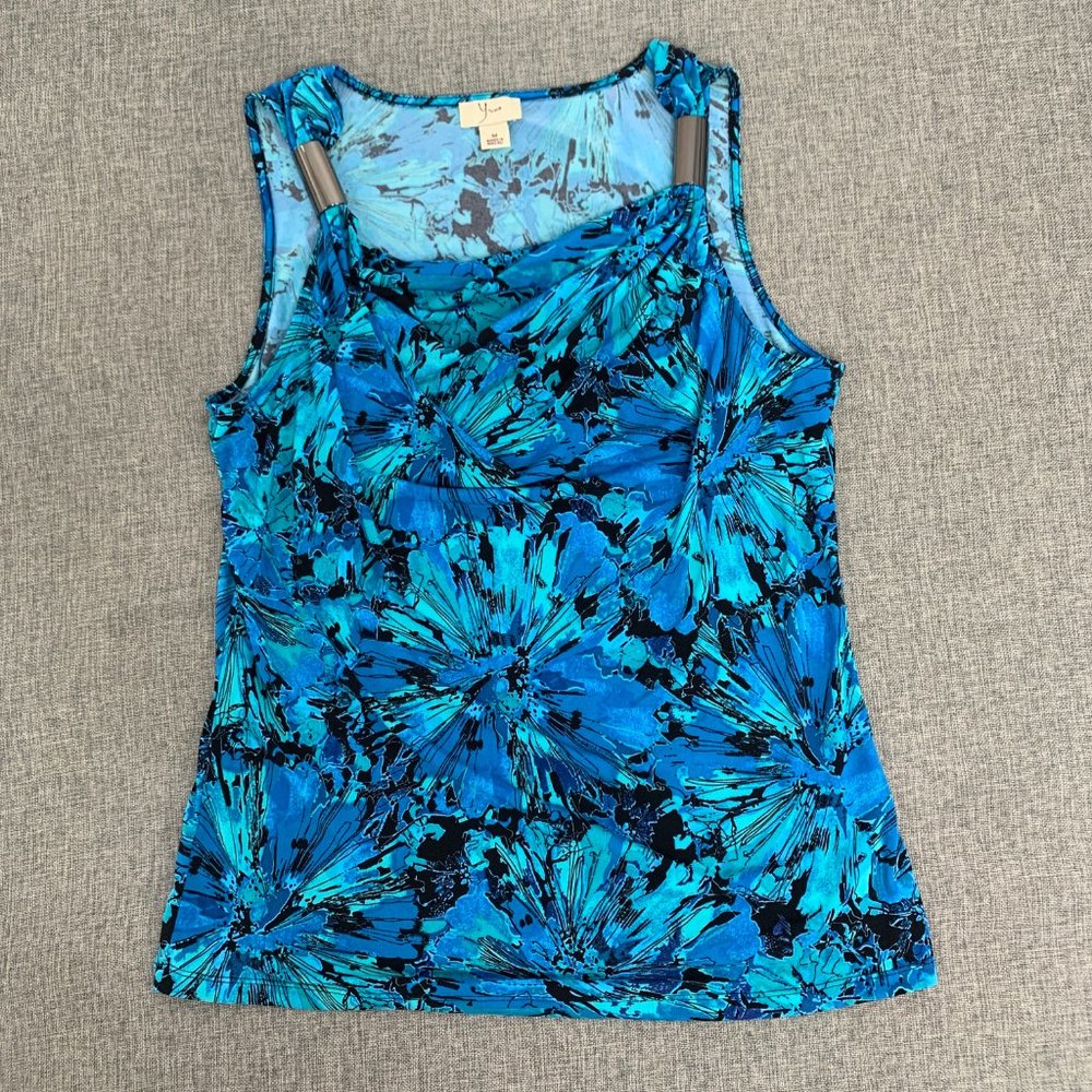 Yvos Womens Floral Sleeveless Blouse Blue Green Medium Cowl Neck Polyester Spand